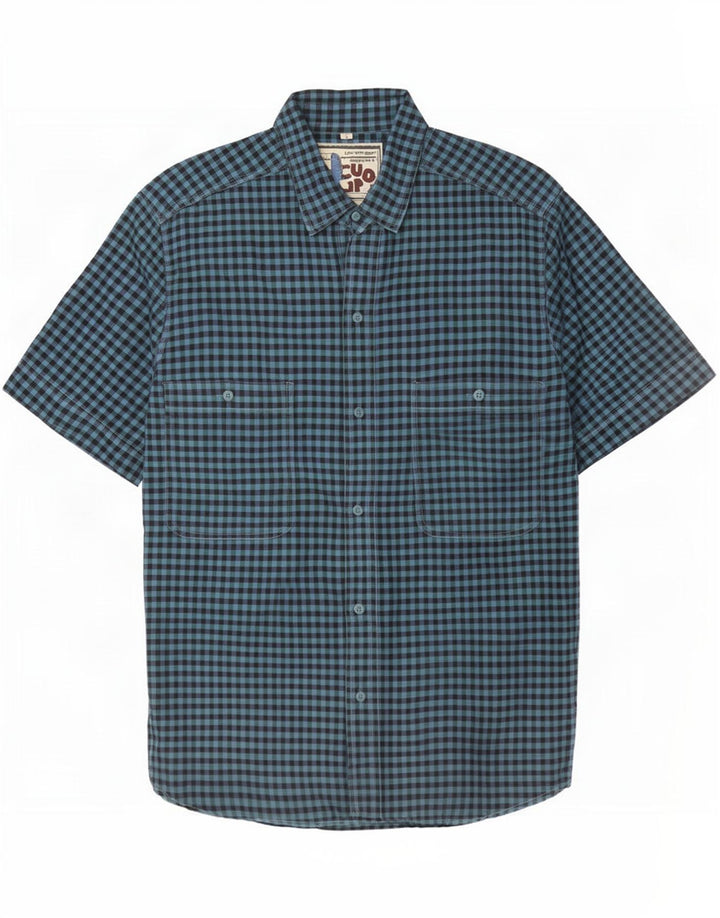 Camisa masculina vintage de manga curta longa grande algodão guingão azul