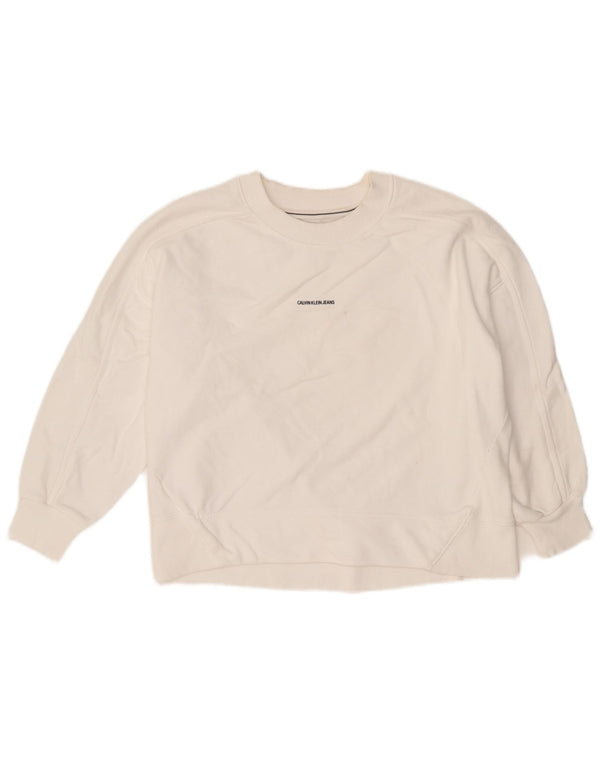 Calvin Klein Jeans feminino manga 3/4 moletom jumper UK 10 pequeno branco