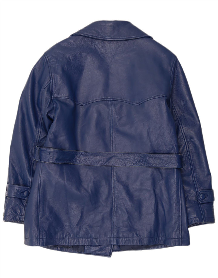 Jaqueta de couro vintage feminina com peito duplo UK 12 azul marinho médio