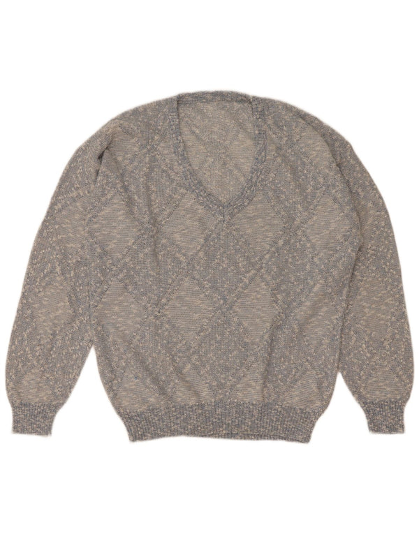 Vintage Mens V-Neck Jumper Sweater IT 52 Large Blue Argyle/Diamond Acrylic