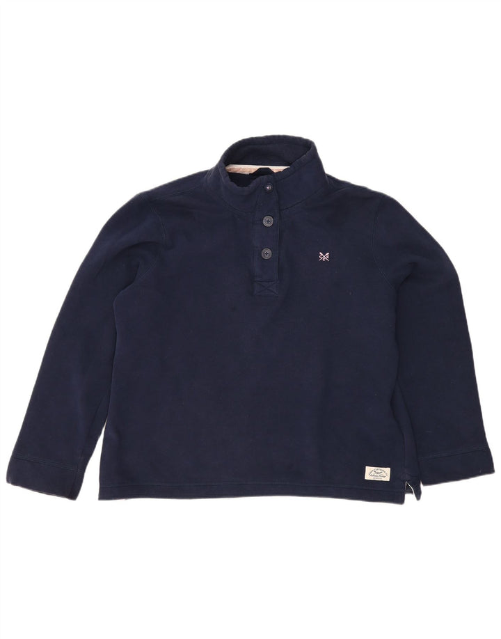 CREW CLOTHING Suéter feminino com gola redonda e botão Reino Unido 16 grande azul marinho