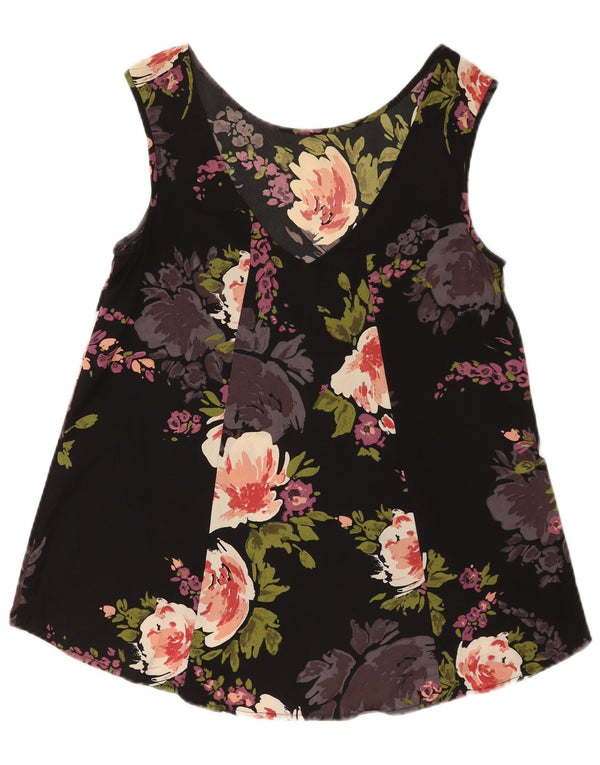 Blusa feminina vintage sem mangas, top UK 10 pequeno floral preto