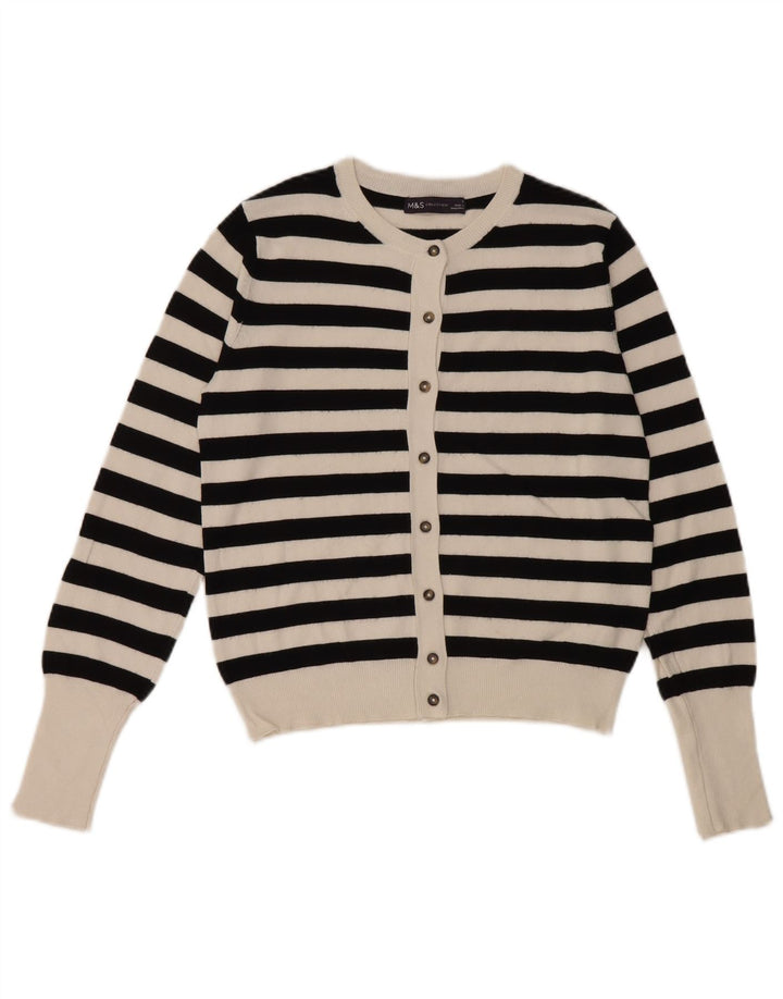 Suéter cardigã feminino Marks & Spencer Reino Unido 8 viscose listrada preta pequena