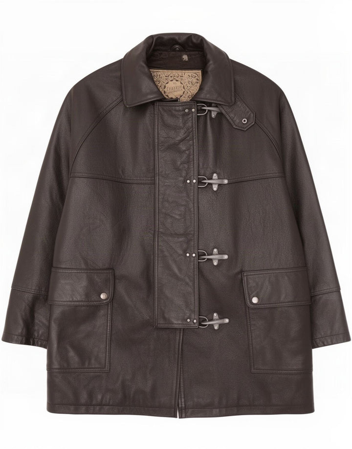 Casaco de couro grande vintage feminino UK 14 médio preto