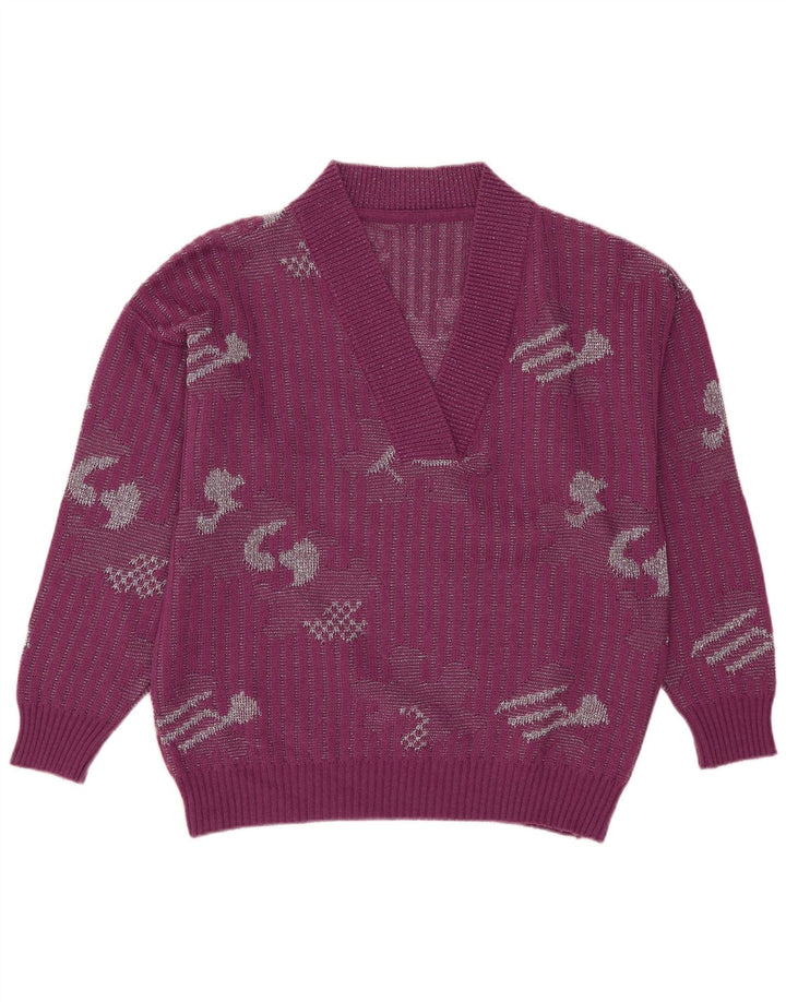 Suéter feminino vintage com decote em V IT 44 acrílico roxo médio