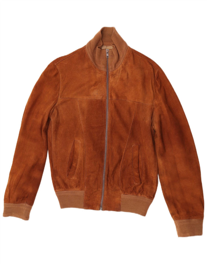 Jaqueta bomber masculina vintage de camurça UK 36 pequena marrom