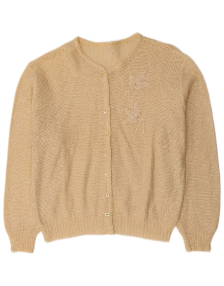 Suéter cardigã feminino VINTAGE Reino Unido 14 mohair floral bege médio