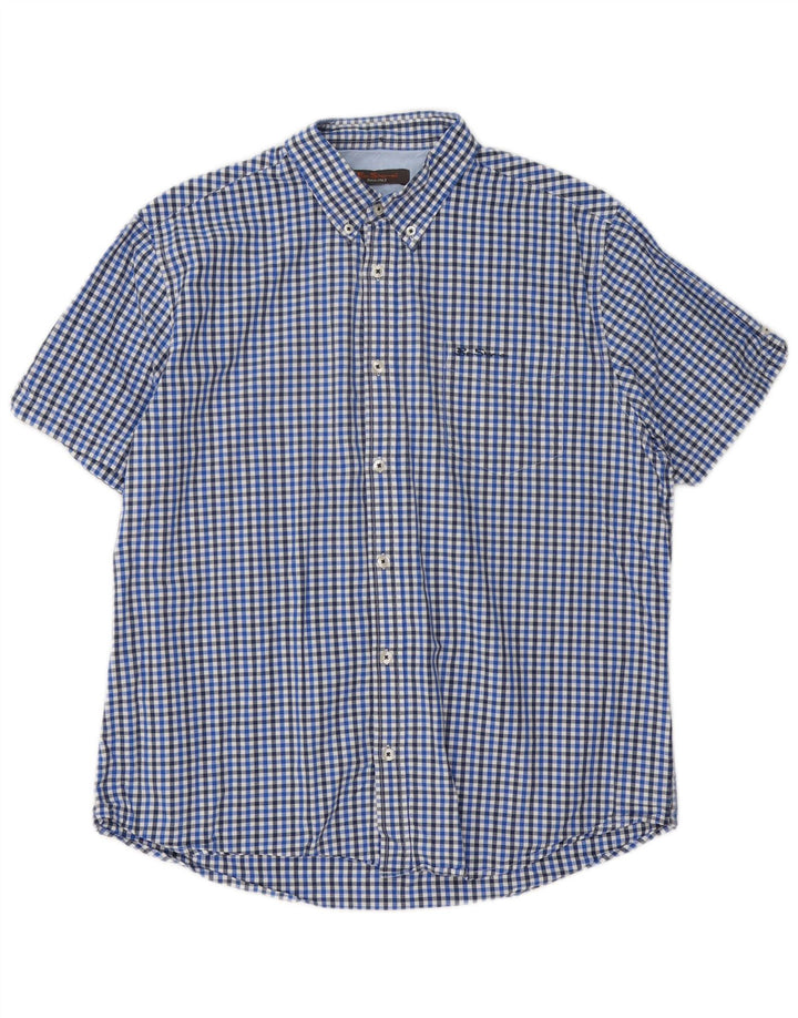 Camisa masculina de manga curta Ben Sherman XL azul algodão guingão