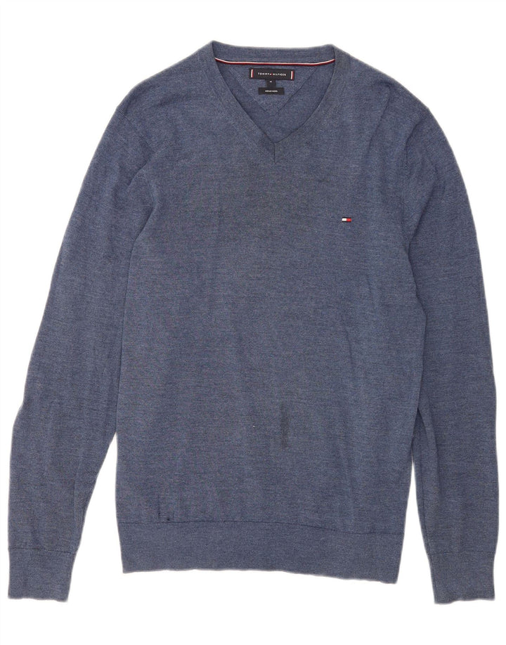 Suéter masculino Tommy Hilfiger com decote em V lã merino azul médio