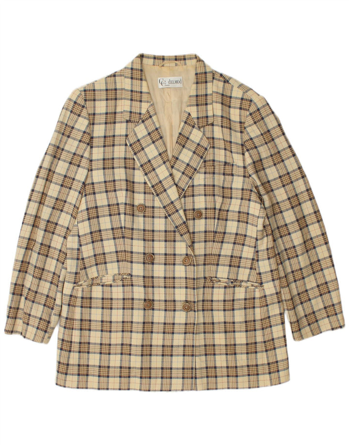 Jaqueta blazer feminina DELMOD com peito duplo Reino Unido 14 lã xadrez bege médio