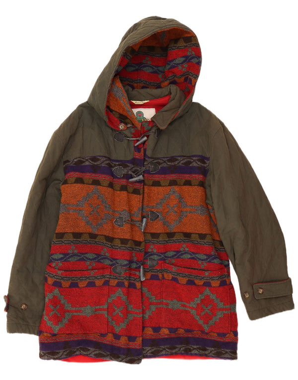 Casaco Duffle feminino vintage com capuz UK 20 2XL Khaki Fair Isle