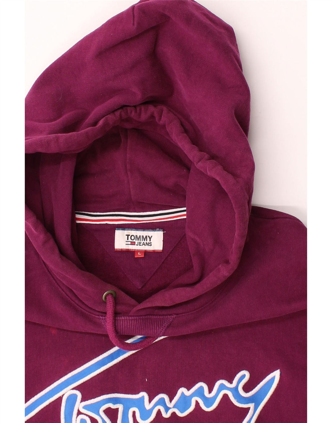 TOMMY HILFIGER Mens Graphic Hoodie Jumper Large Burgundy Cotton Vintage Tommy Hilfiger and Second-Hand Tommy Hilfiger from Messina Hembry 