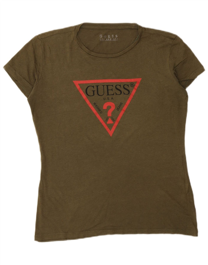 GUESS Womens Graphic T-Shirt Top UK 12 Medium Khaki