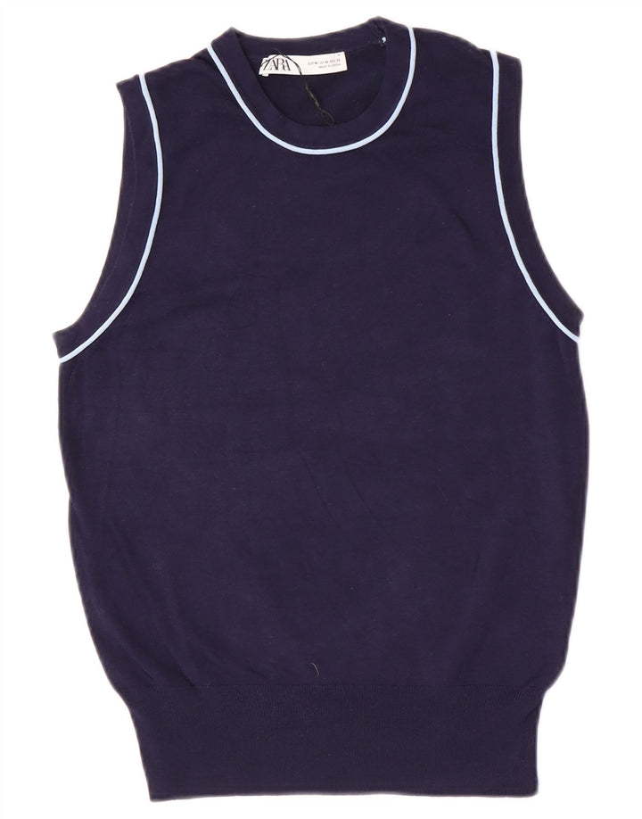 Zara Womens Vest Tank Top UK 12 Médio Azul Marinho Viscose