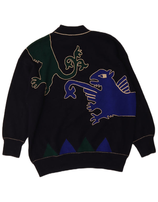 Suéter feminino vintage com gola tartaruga Reino Unido 20 2XL azul marinho geométrico