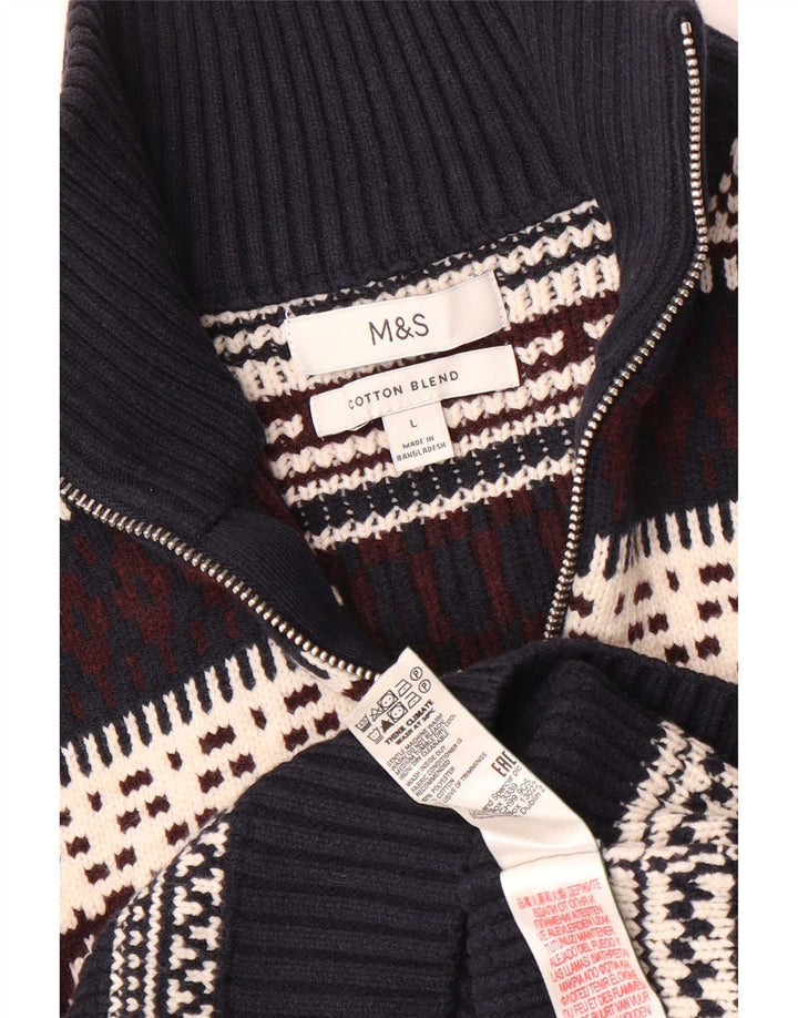 Suéter masculino Marks & Spencer com zíper e gola grande azul marinho Fair Isle