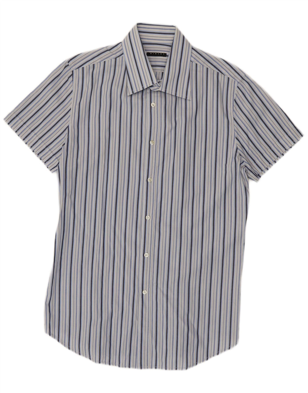 Sisley Camisa masculina de manga curta grande algodão listrado azul
