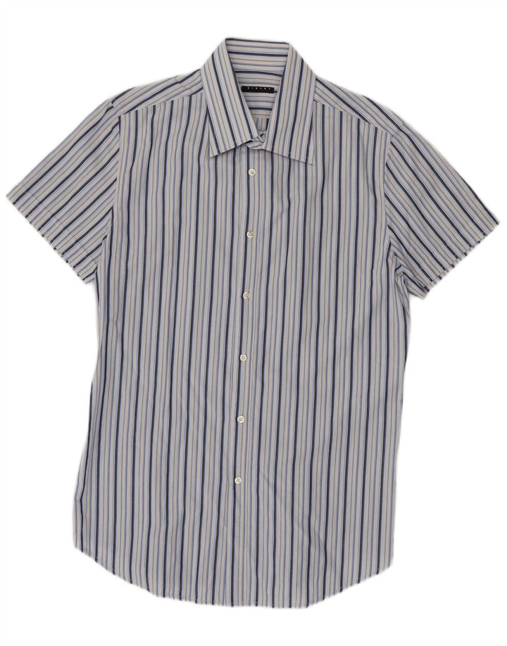 Sisley Camisa masculina de manga curta grande algodão listrado azul