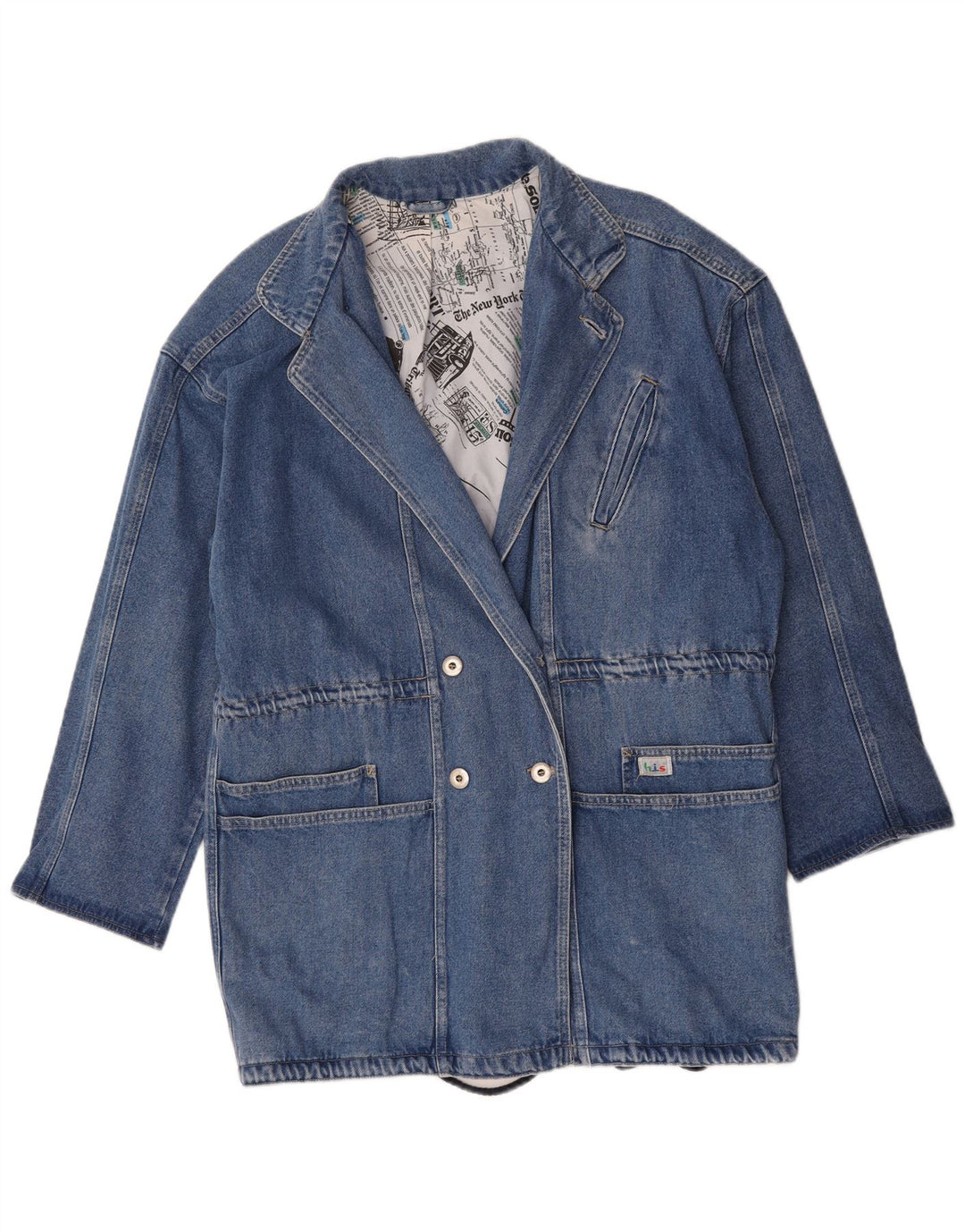 Jaqueta blazer feminina vintage longline com peito duplo Reino Unido 16 grande azul