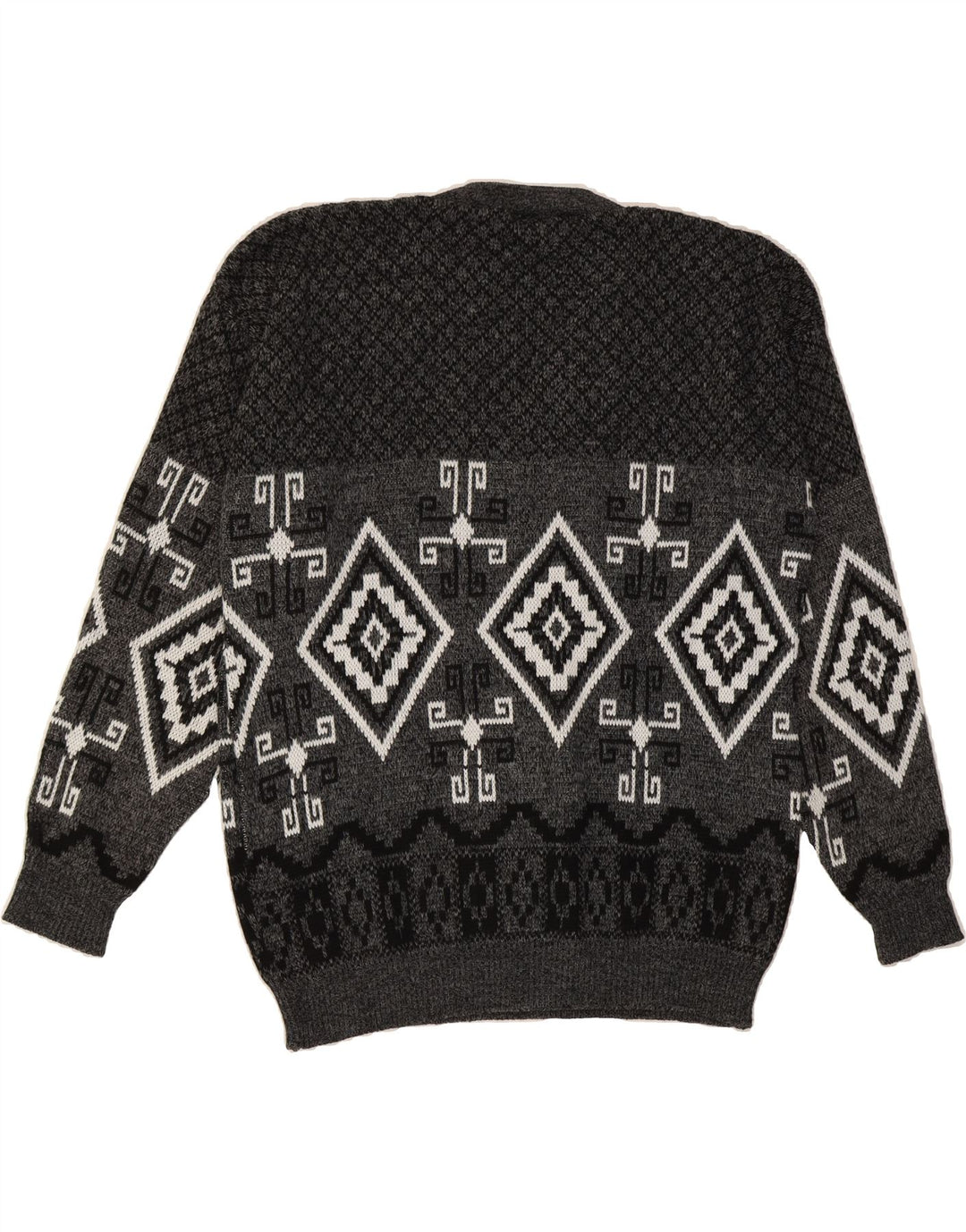 VINTAGE Mens V-Neck Jumper Sweater XL Grey Fair Isle Acrylic Vintage Vintage and Second-Hand Vintage from Messina Hembry 