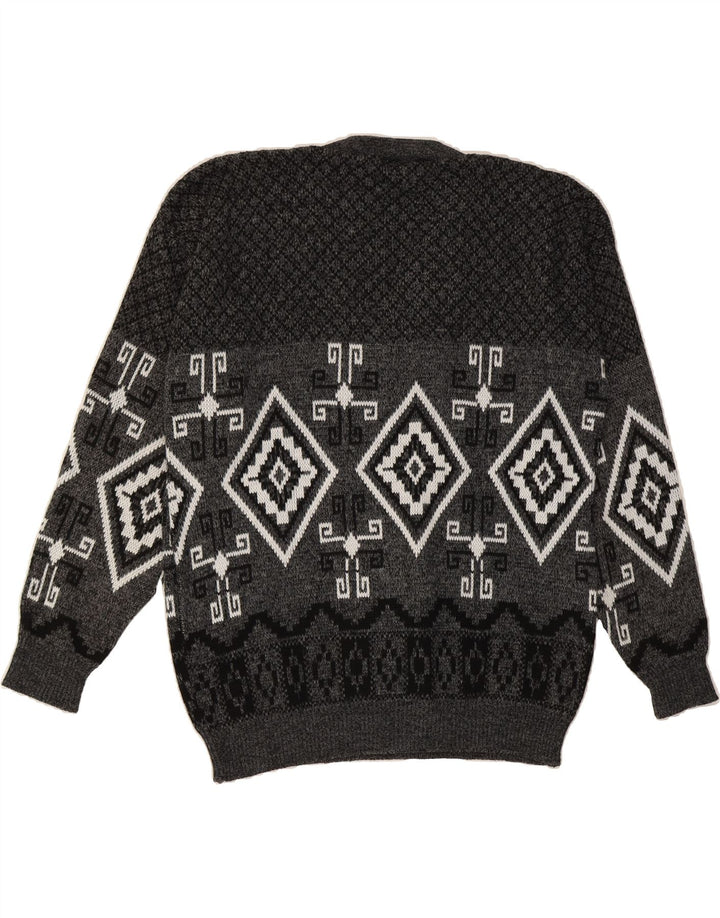 VINTAGE Mens V-Neck Jumper Sweater XL Grey Fair Isle Acrylic Vintage Vintage and Second-Hand Vintage from Messina Hembry 