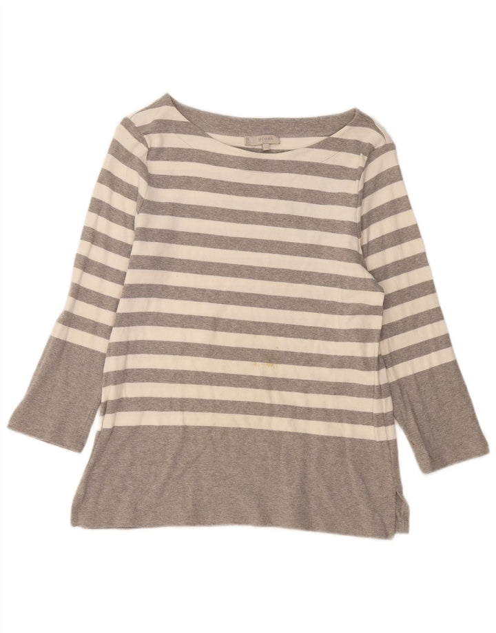 Top feminino HOBBS manga 3/4 Reino Unido 14 grande algodão listrado cinza
