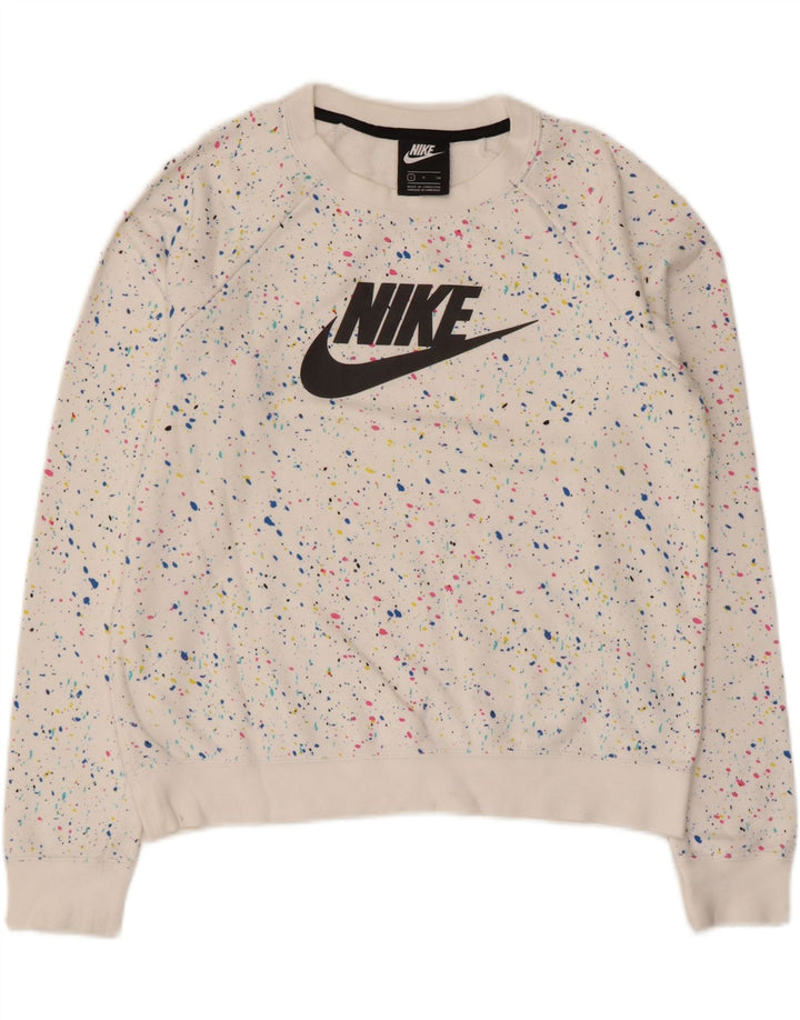 Nike feminino gráfico oversized moletom jumper UK 10 pequeno branco manchado