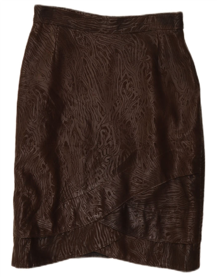 Saia de couro feminina vintage W28 marrom médio com estampa animal