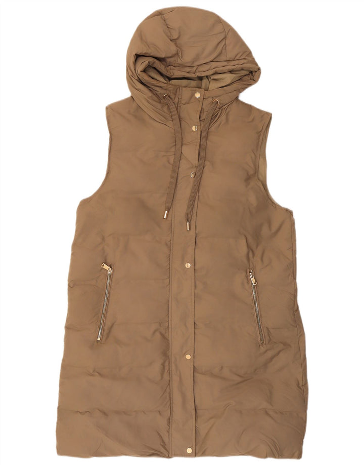 Zara Casaco feminino acolchoado com capuz e sem mangas Reino Unido 14 Médio Bege