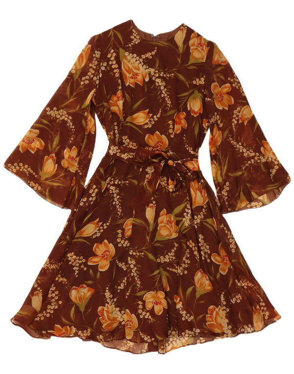Vestido feminino vintage manga 3/4 linha A UK 12 marrom médio floral