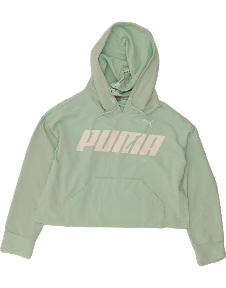 PUMA Womens Oversized Graphic Crop Hoodie Jumper UK 6 XS Green Cotton Vintage Puma and Second-Hand Puma from Messina Hembry 