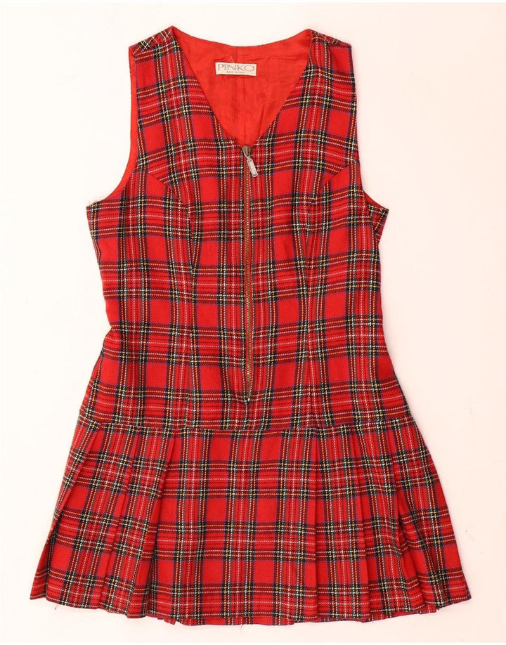 Vestido feminino Pinko sem mangas evasê UK 12 xadrez vermelho médio