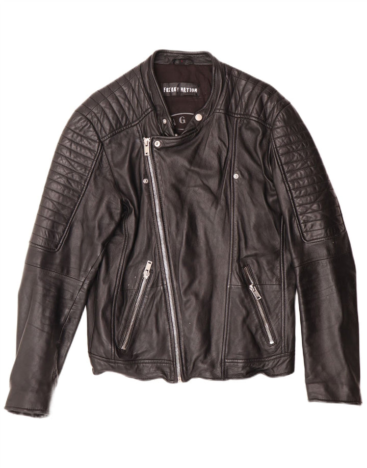 Jaqueta masculina de couro para motociclista Freaky Nation Reino Unido 38 couro preto médio