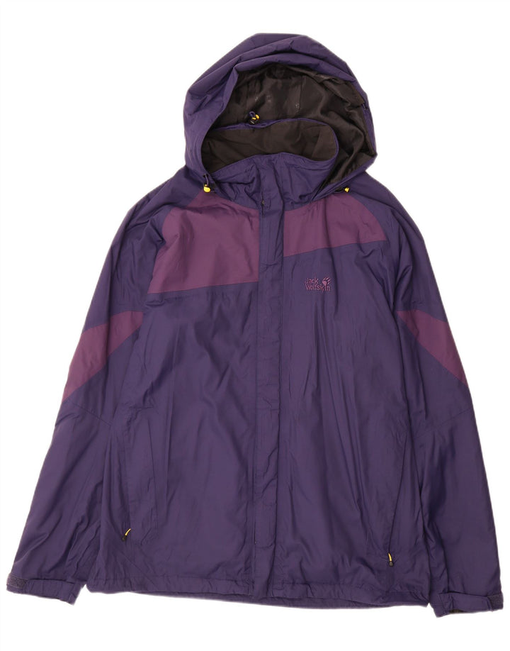 Jaqueta de chuva masculina JACK WOLFSKIN com capuz Reino Unido 40/42 grande bloco colorido roxo