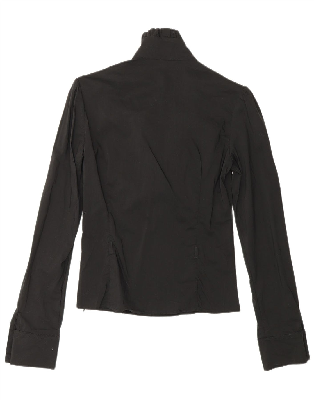 Blusa feminina COVERI com babados na frente e manga comprida UK 10 pequena preta de nylon