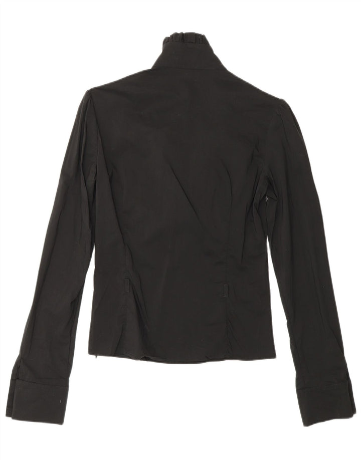 Blusa feminina COVERI com babados na frente e manga comprida UK 10 pequena preta de nylon