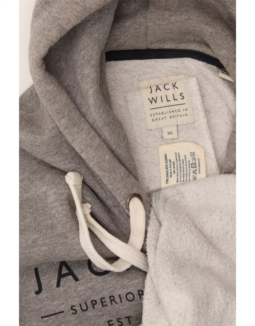 JACK WILLS Mens Loose Fit Graphic Hoodie Jumper XS Grey Cotton Vintage Jack Wills and Second-Hand Jack Wills from Messina Hembry 