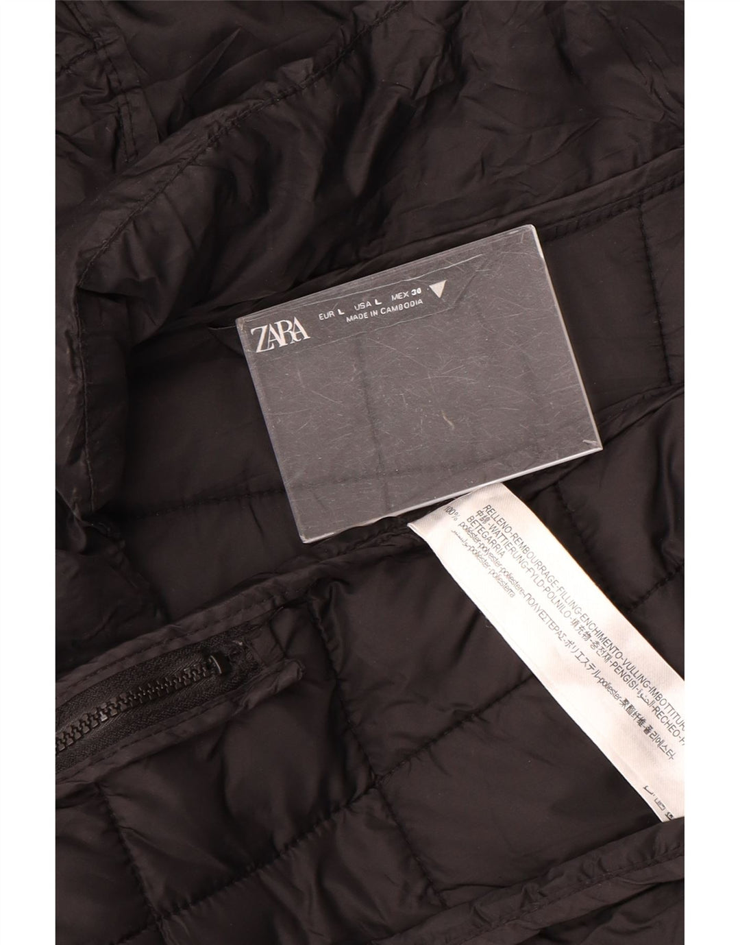 Casaco acolchoado com capuz feminino ZARA UK 16 grande poliéster preto