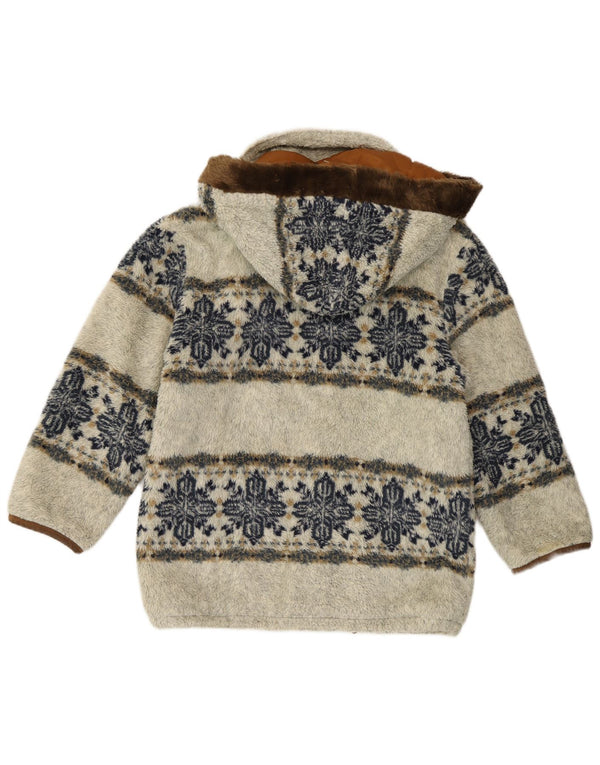 Casaco feminino vintage de pele sintética com capuz UK 14 Fair Isle cinza médio