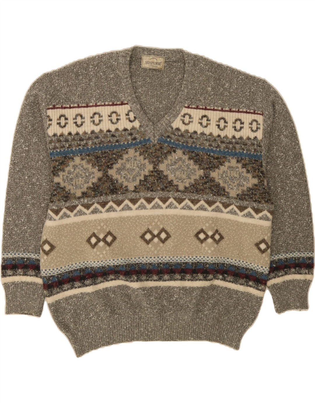 SUSPENSE COLLECTION Mens V-Neck Jumper Sweater IT 56 XL Grey Fair Isle Vintage Suspense Collection and Second-Hand Suspense Collection from Messina Hembry 