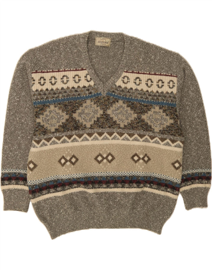 SUSPENSE COLLECTION Mens V-Neck Jumper Sweater IT 56 XL Grey Fair Isle Vintage Suspense Collection and Second-Hand Suspense Collection from Messina Hembry 