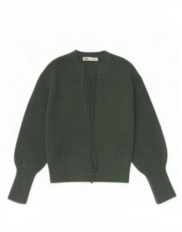 Zara Womens Crop V-Neck Jumper Sweater UK 12 Medium Green Acrylic