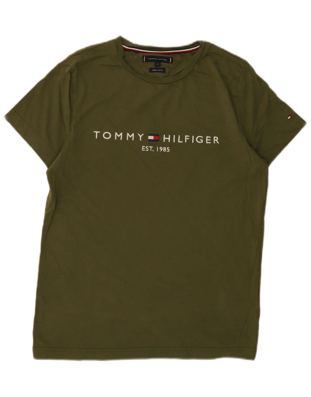 Camiseta masculina TOMMY HILFIGER com estampa gráfica pequena de algodão cáqui