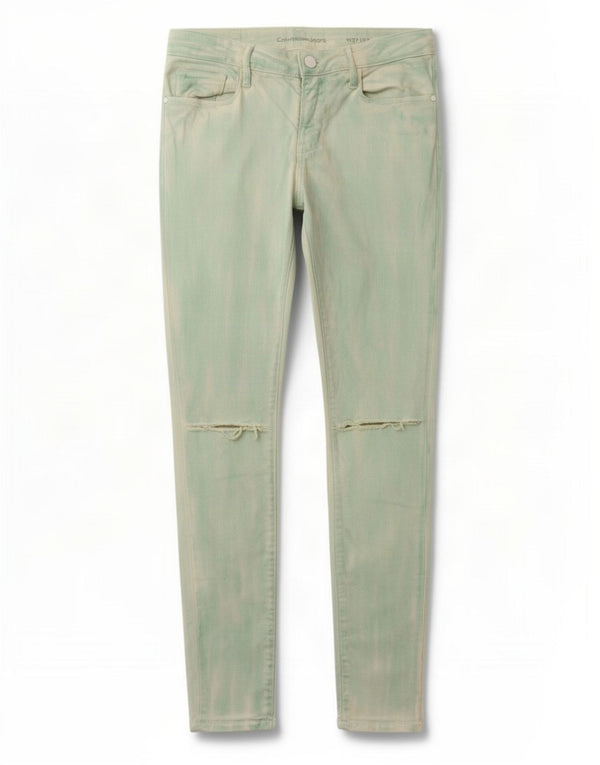 Calça jeans skinny feminina Calvin Klein desgastada W27 L32 turquesa tie-dye