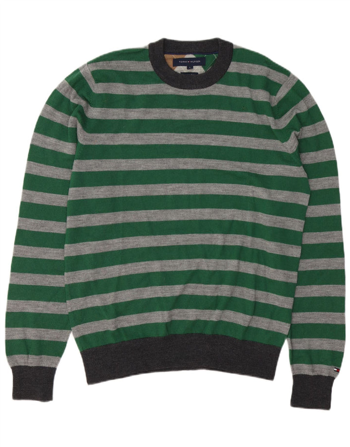 Tommy Hilfiger Suéter masculino com gola redonda, grande lã listrada verde