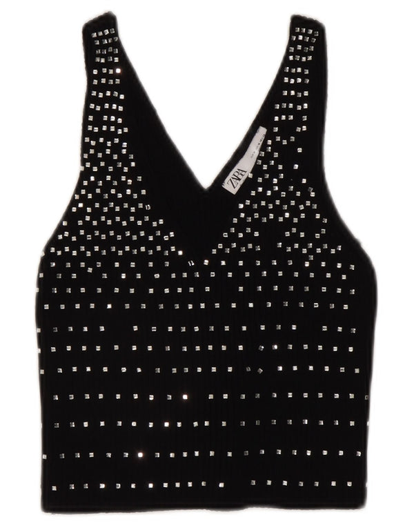Zara Top curto sem mangas feminino UK 12 médio preto manchado