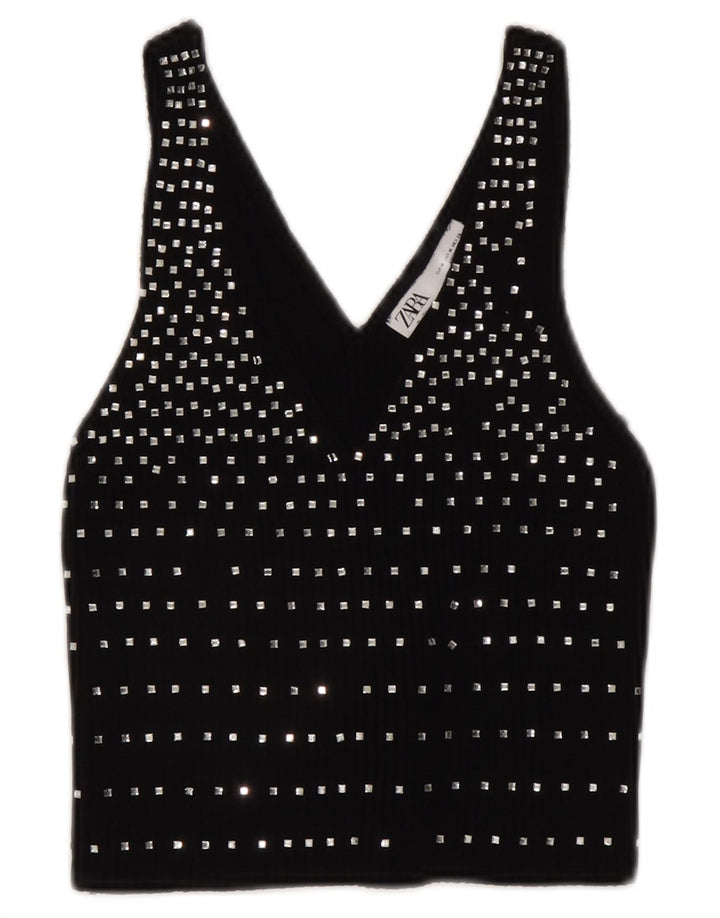 Zara Top curto sem mangas feminino UK 12 médio preto manchado