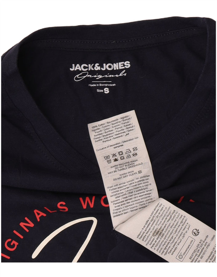 Jack & Jones Camiseta masculina gráfica manga comprida pequena algodão azul marinho