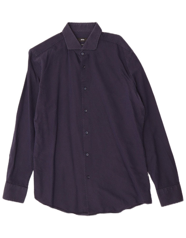 Camisa masculina Hugo Boss Slim Fit tamanho 41/17 grande algodão geométrico azul marinho