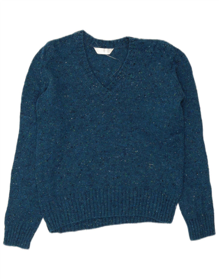 Suéter feminino Marks & Spencer com decote em V Reino Unido 10 pequeno azul manchado